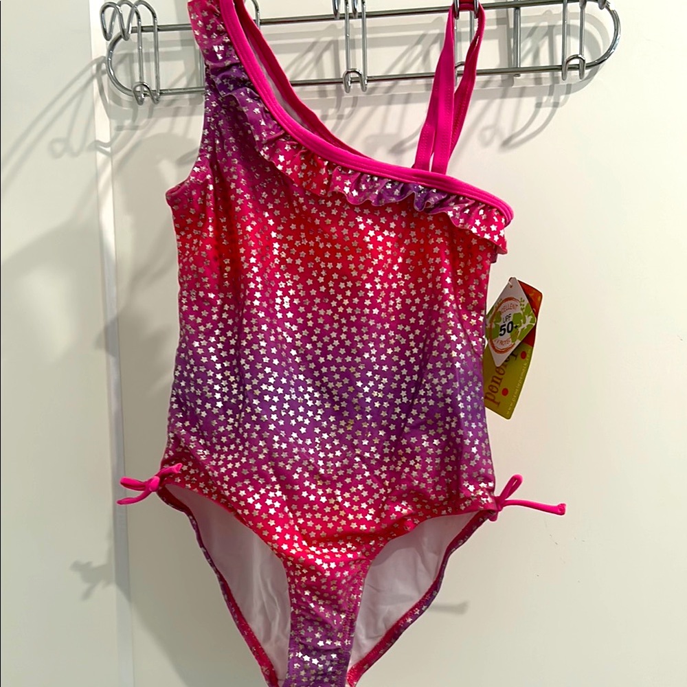 NWT Penelope Mack Ruffled Ombré Metallic Stars Swimsuit UPF 50 /Size 10